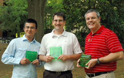 Left to right, Carlos Vega, Dr. Jonathan Casper and Rick Gardner are the 2013 recipients of NC State's Green Brick Award.