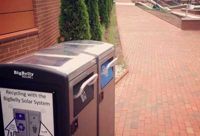 Solar-powered waste and recycling bins outside of Talley Student Union increase efficiency of waste management on campus.