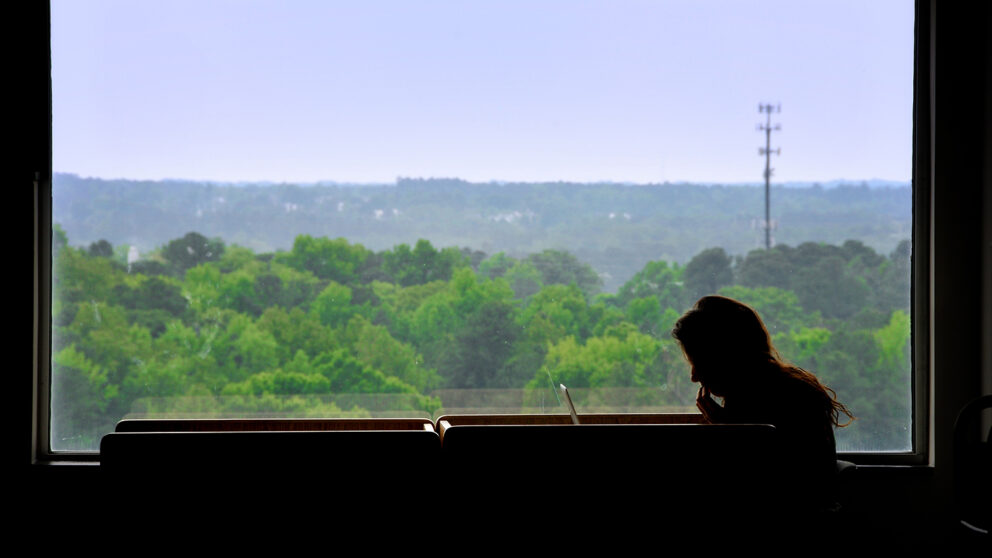 Student studies beside a window looking south out of DH Hill Library.