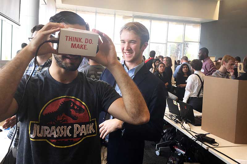 Students experience the virtual reality prototype created by a Make-a-thon team.