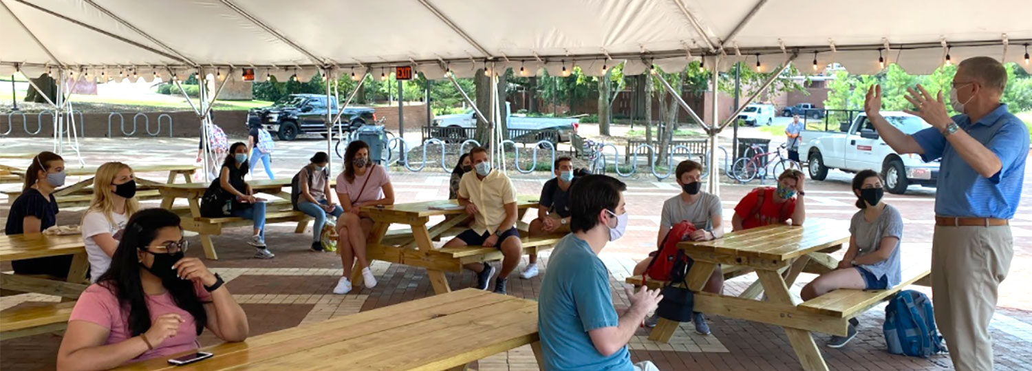 Students in the Fall 2020 LEED Lab course meet outside in August to kick off the course focusing on D.H. Hill Jr. Library. Here, the students hear from Doug Morton, Associate Vice Chancellor of Facilities.