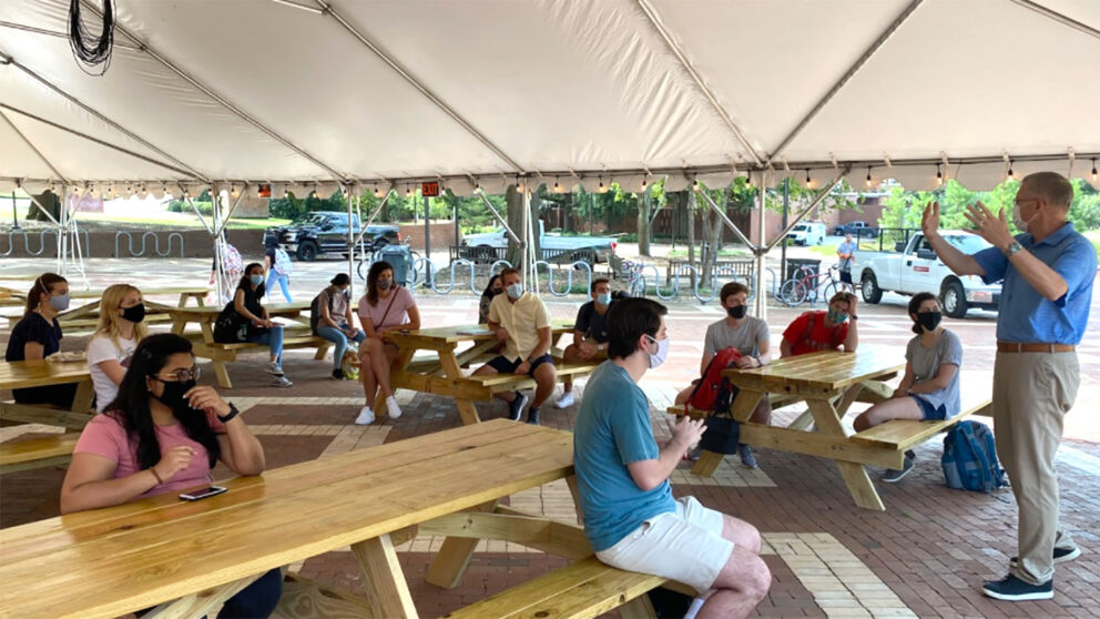 Students in the Fall 2020 LEED Lab course meet outside in August to kick off the course focusing on D.H. Hill Jr. Library. Here, the students hear from Doug Morton, Associate Vice Chancellor of Facilities.