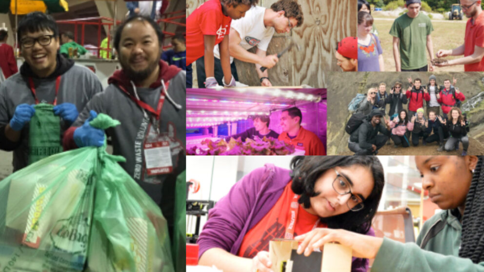Collage of students working together to help sustainability initiatives on campus.