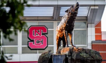 Wolf statue in front of NC State Athletics building.