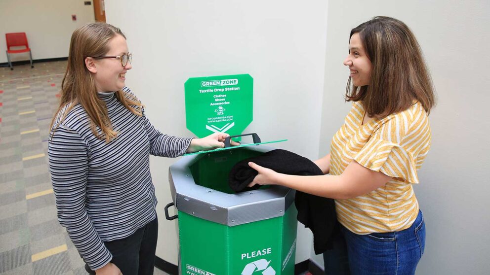 Students helped with the launch of a textile recycling initiative within Wilson College of Textiles. This is one of many sustainability projects the college has started recently.
