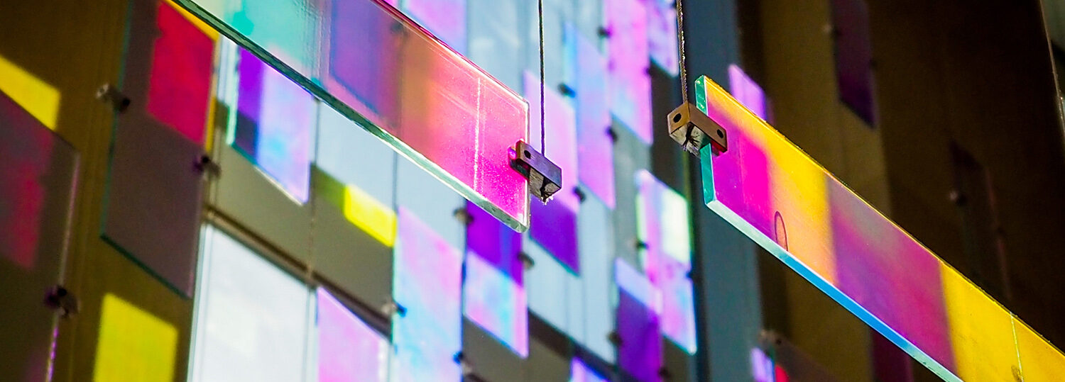Light streams through stained glass blocks