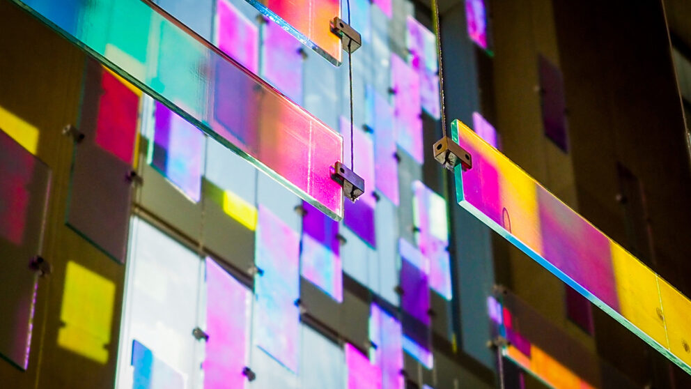 Light streams through stained glass blocks