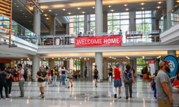A "Welcome Home" banner hangs in Talley Student Union.
