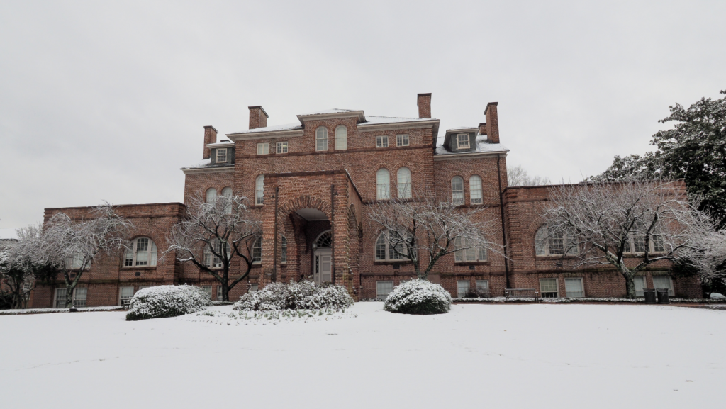 Holladay Hall is surrounded by snow after a winter storm on campus. Photo by Marc Hall