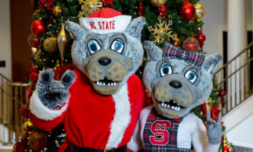 Mr. and Ms. Wuf in front of a tree decorated for the holidays.