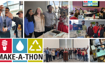 Collage photos of students at Make-A-Thon event showcasing their innovations and projects.