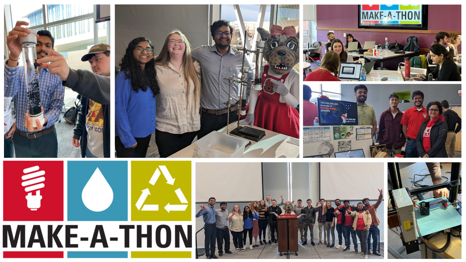 Collage photos of students at Make-A-Thon event showcasing their innovations and projects.