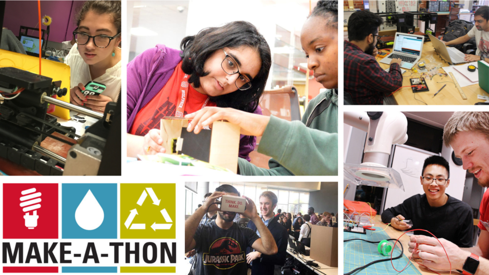 A Collage of photos featuring NC State students building solutions for Make-A-Thon