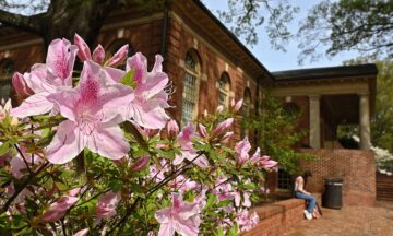 Spring flowers bloom in front of Leazar Hall on a warm, spring day on main campus. Photo by Marc Hall.