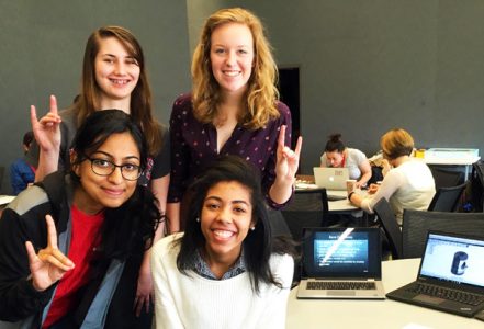 Students (top, left to right) Amelia Weaver, Ashby Scruggs, (bottom) Meghana Subramaniam and RaeDiance Fuller of WISE (Women in Science and Engineering) Village created a storage tank for reclaimed water.