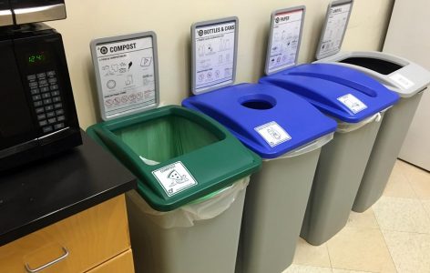 In strategic locations such as break rooms, Administrative Services III building occupants can compost material such as food waste, paper plates and napkins, coffee grounds and tea bags. There are even composting bins in restrooms for paper towels.