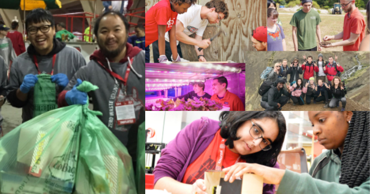 Collage of students working together to help sustainability initiatives on campus.