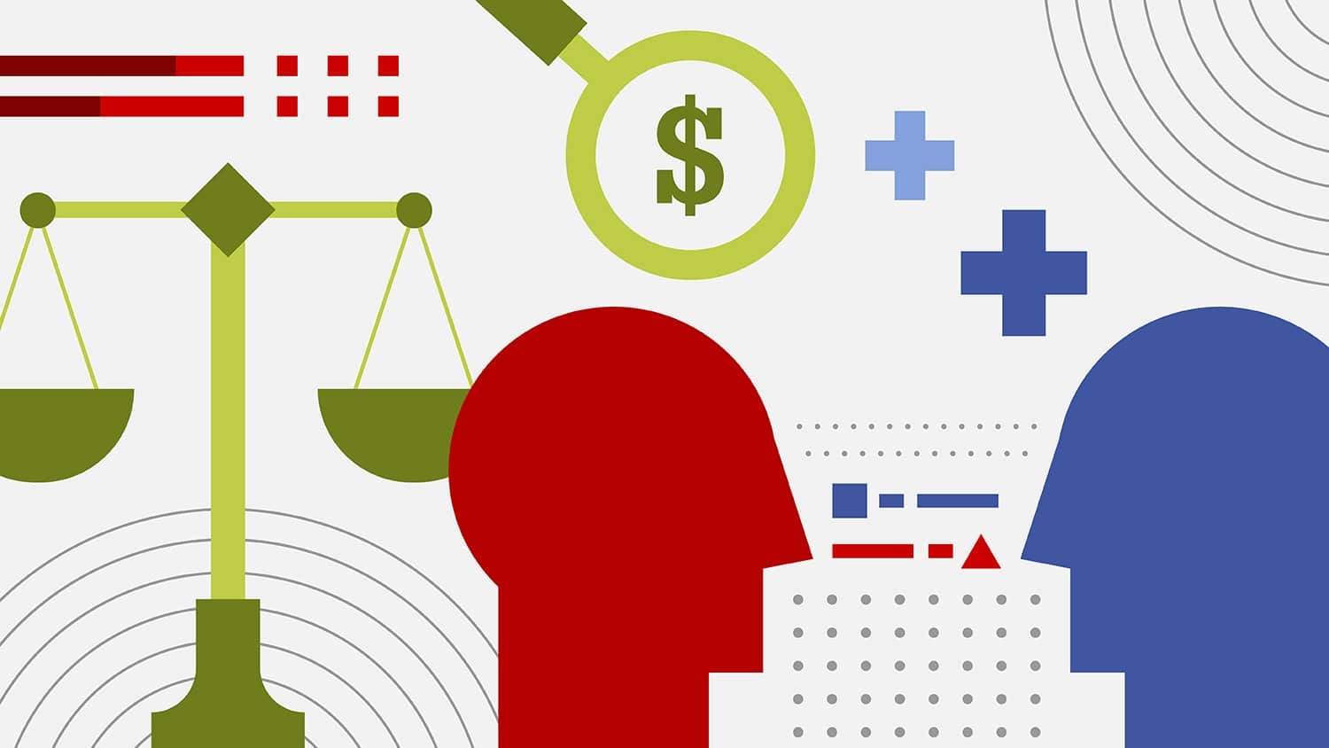 A graphic shows scales, non-specific heads and dollar signs in green, red and purple.