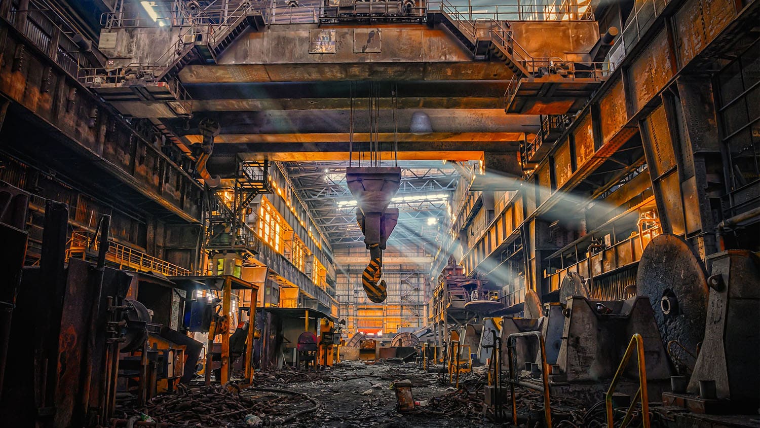 interior photo of an abandoned and dilapidated factory