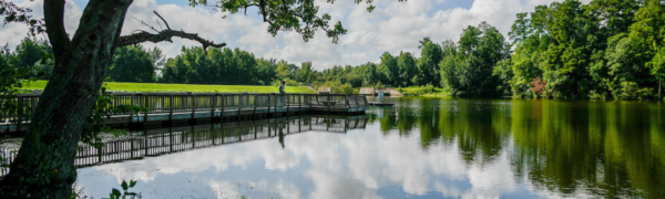 People enjoying the fishing pier at Lake Raleigh.