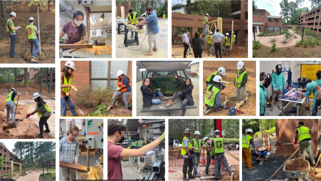 Students in LAR 506 preparing the site at Wood Hall to create an outdoor space for students to relax, study and gather.