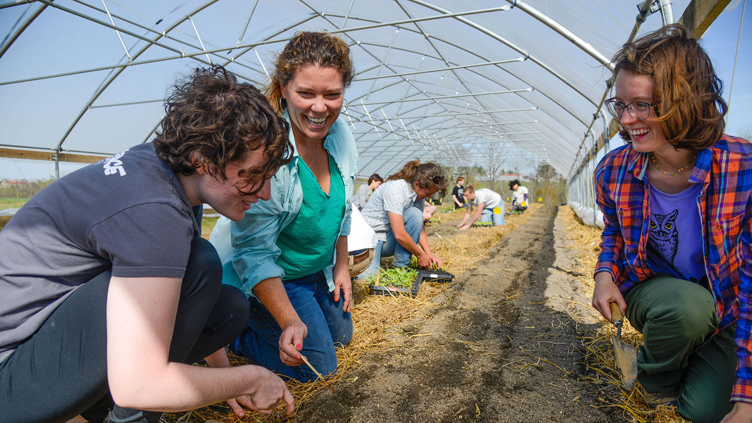 three women looking at plants in a greenhouse