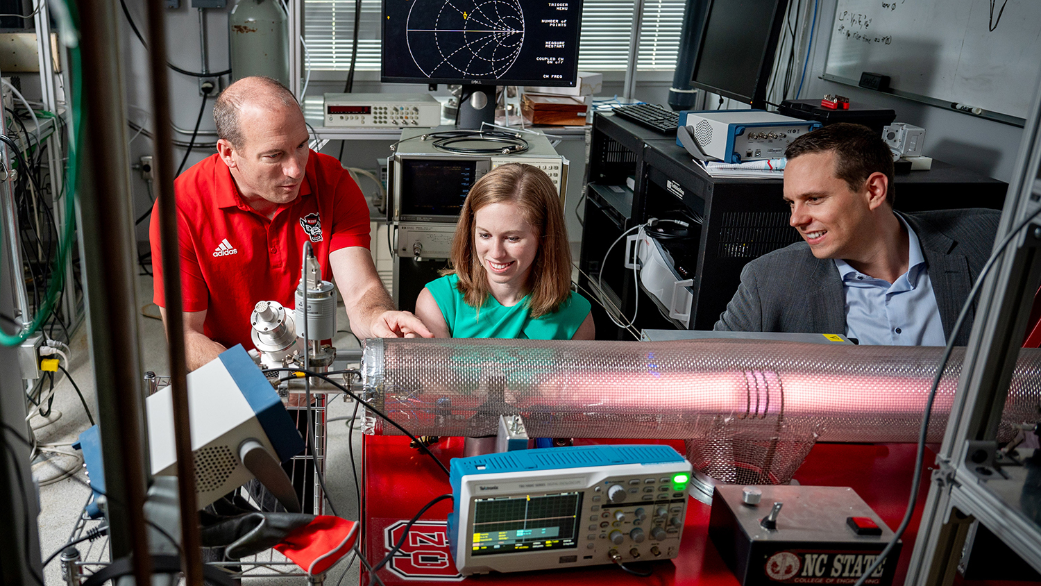 From left: Steven Shannon, Amanda Lietz and Florian Laggner are leading a DOE grant that funds the development of new and sustainable designs for neutral beam sources.