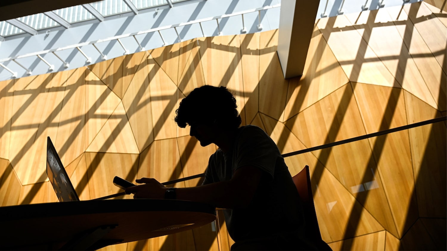 The silhouette of a person working on a laptop in Fitts-Woolard Hall