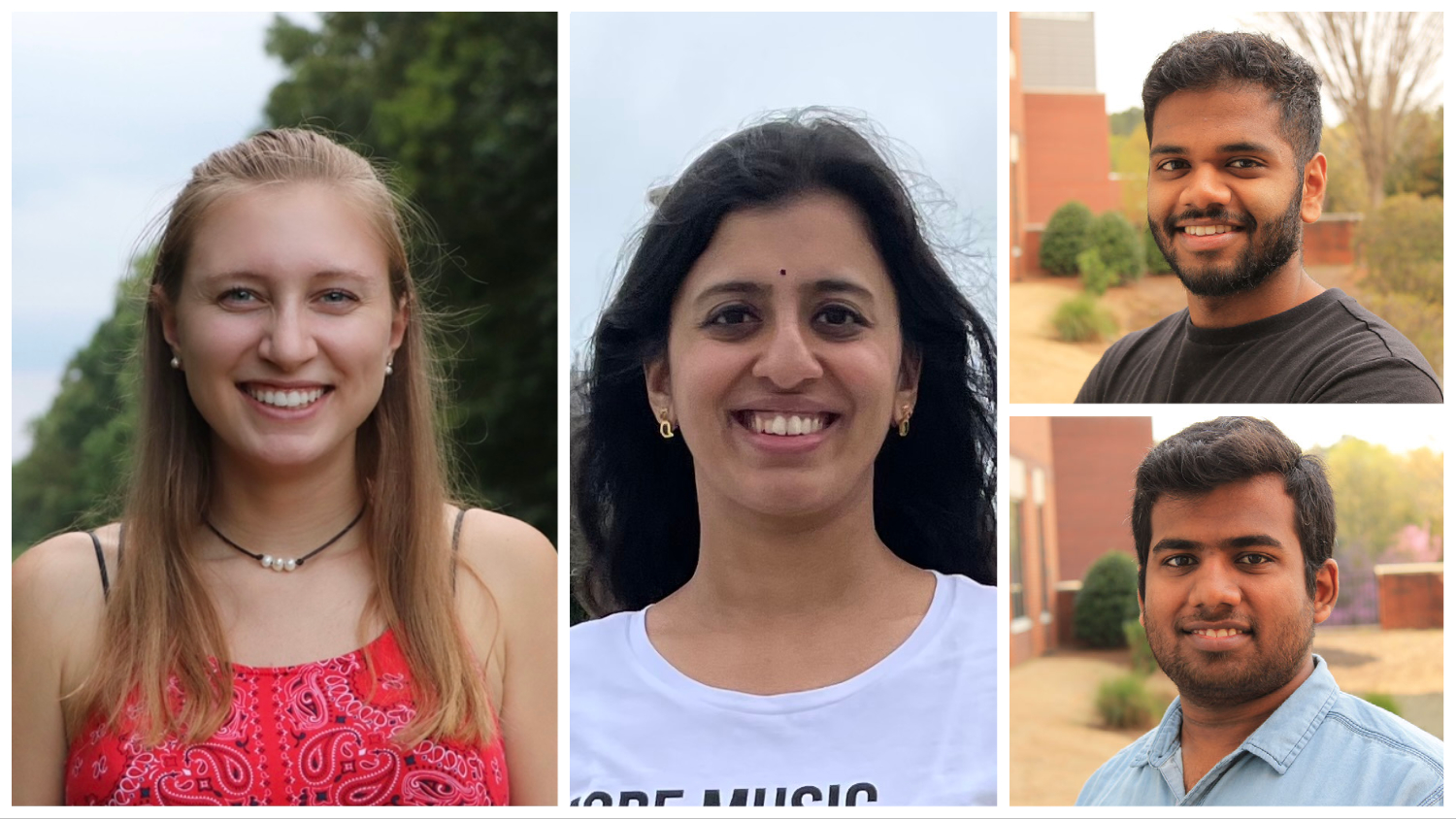 The winners of the 2021 Energy Week Pitch Competition include (left to right) first place Katie Nelson, second place Sneha Narasimhan, and third place Harish Pulakhandam (top) and Nithin Kolli.